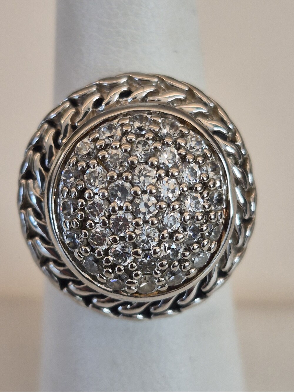 Sterling Silver Pave Set  Stones, Wide Textured Raised Band, Size 6 Stamped 925